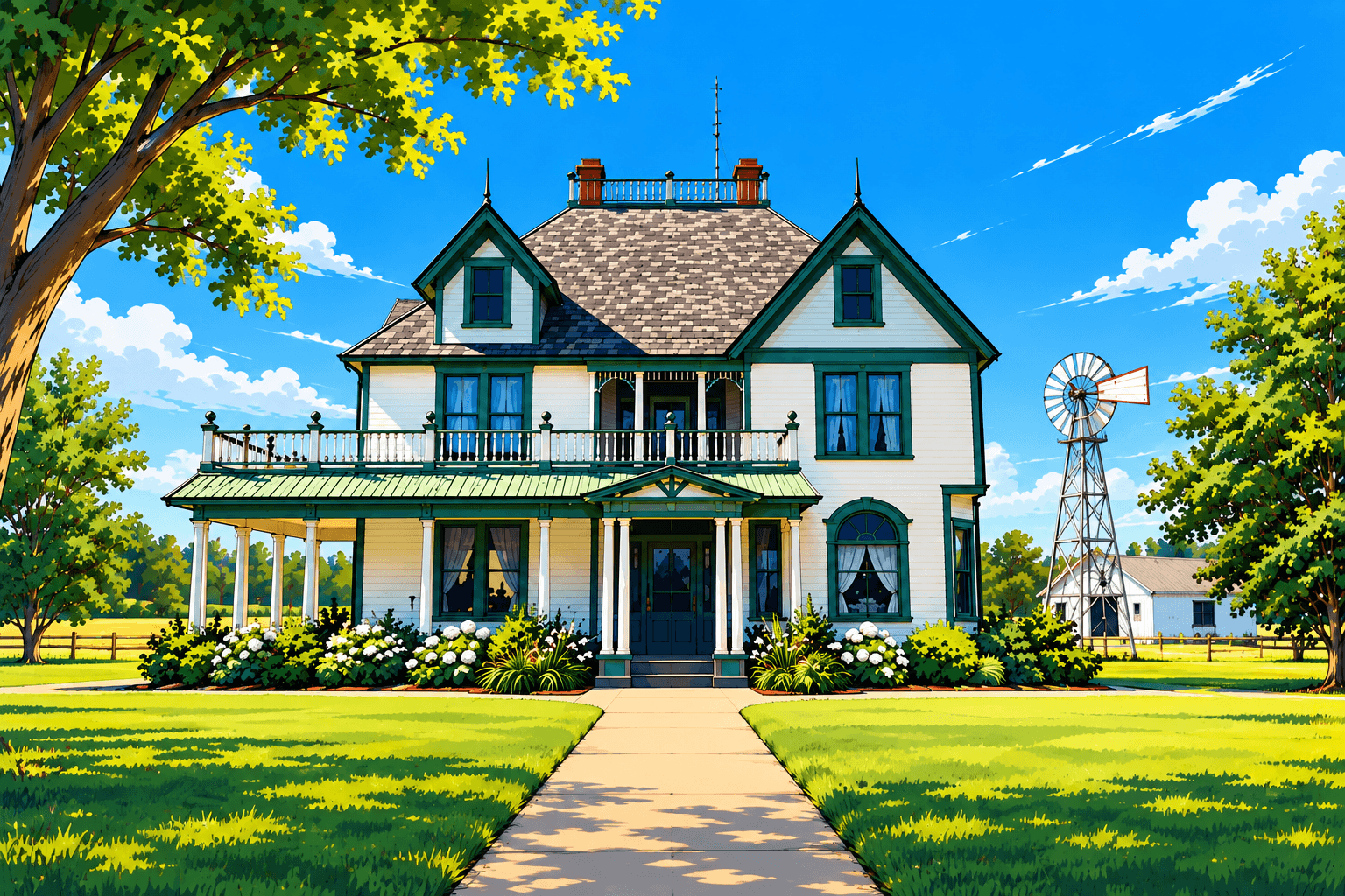 Illustration of a historic farmhouse with a windmill